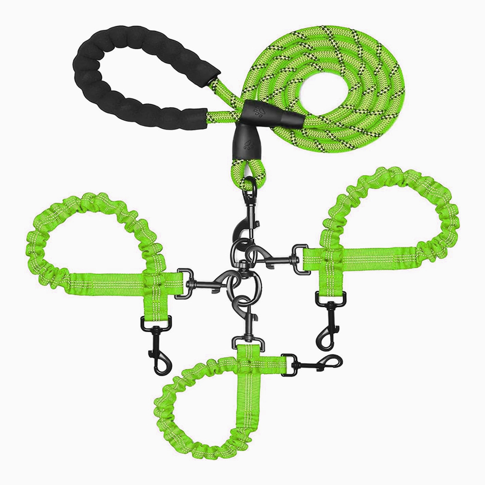 V888-ELOSUNG32913-202507111320-00 Green 3-in-1 Tangle-Free Dog Leash for 1-3 Dogs - Heavy Duty Bungee Coupler with Reflective Stitching & Padded Handle - Image 1