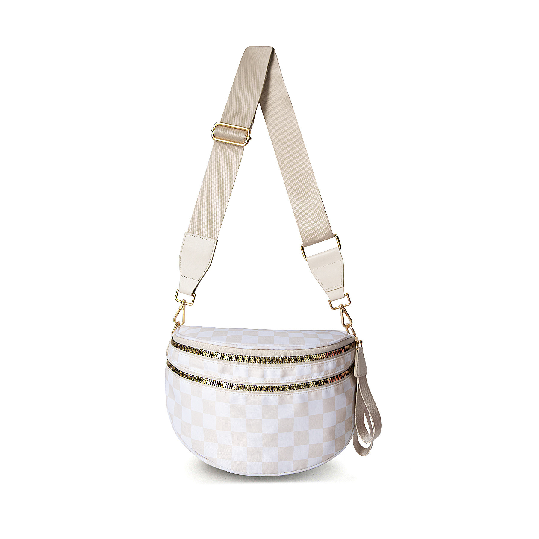 V888-ELOSUNG33367-202506191243-00 Beige Checkered Trendy Sling Bag - Women's Crescent Crossbody Purse with Wide Adjustable Strap - Image 1