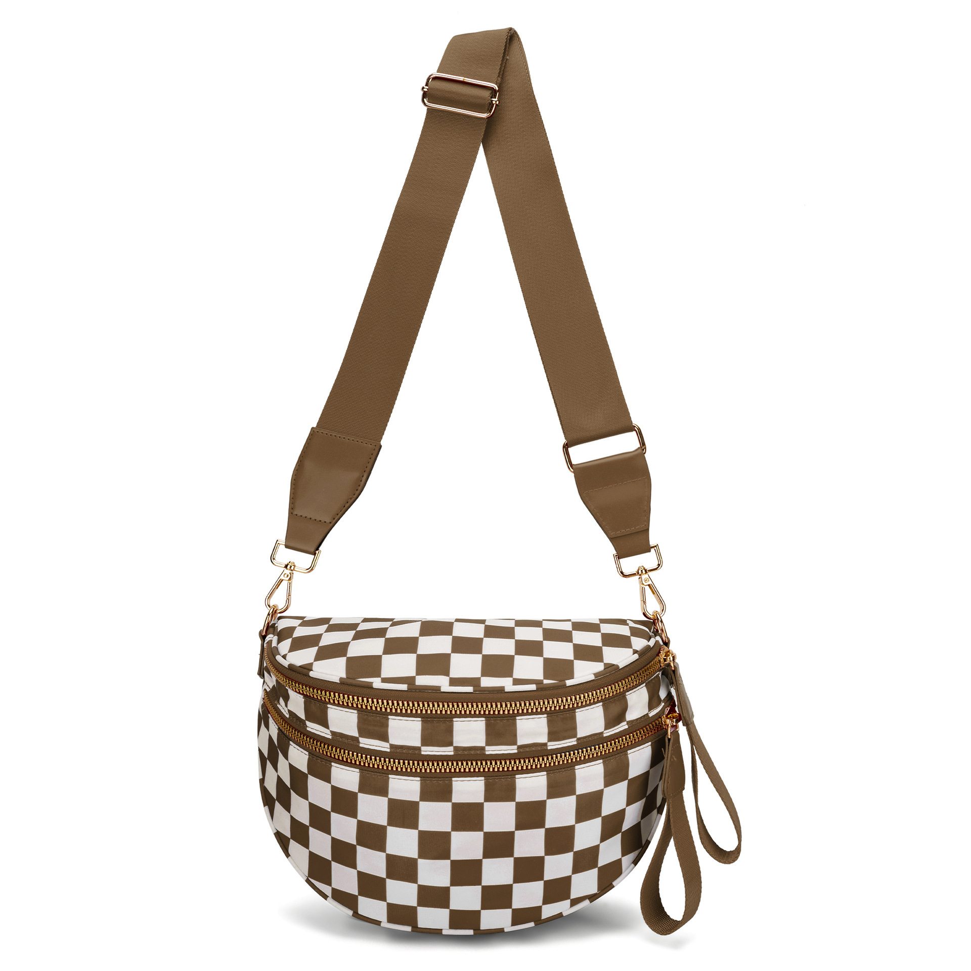 V888-ELOSUNG33368-202506191245-00 Brown Checkered Trendy Sling Bag - Women's Crescent Crossbody Purse with Wide Adjustable Strap - Image 1