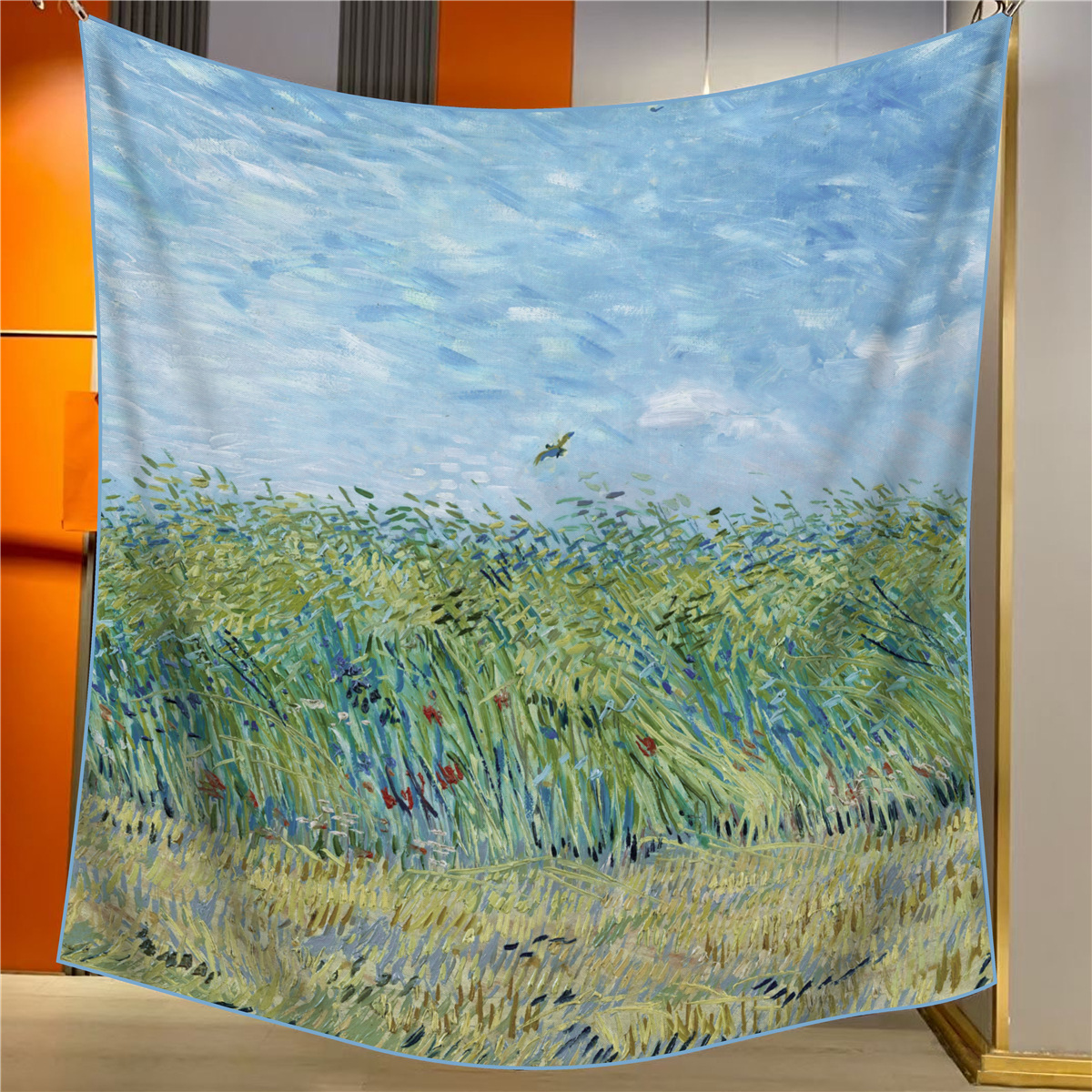 V888-ELOSUNG33392-202506191238-00 A Wheat Field with Larks Elegant Artistry Shawl - Large 130cm Square Scarf with Oil Painting Print & Hand-Rolled Hem - Image 1