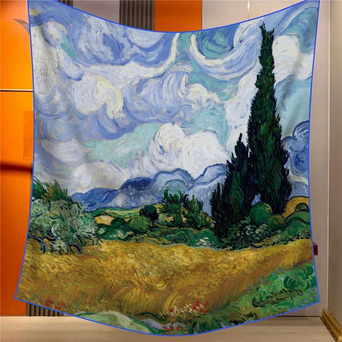 V888-ELOSUNG33439-202506241015-00 Wheatfield Elegant Artistry Shawl - Large 130cm Square Scarf with Oil Painting Print & Hand-Rolled Hem - Image 1