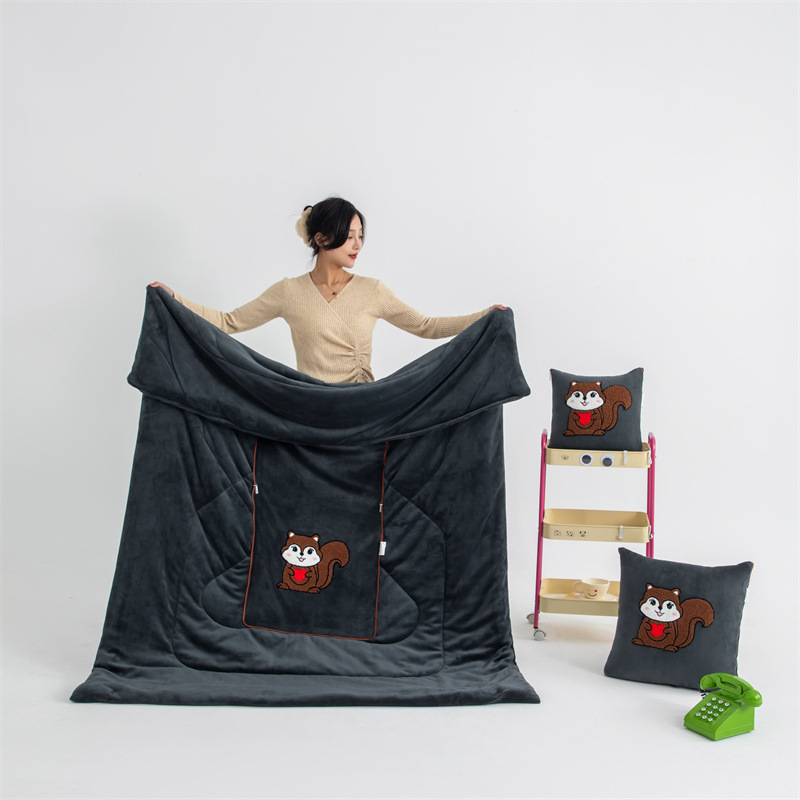 V888-ELOSUNG33447-202506241026-00 Rock Gray Little Squirrel - 2-in-1 Foldable Car Pillow Blanket - Cozy 40x40cm Pillow, Unfolds to 100x150cm Blanket for Travel and Office Naps - Image 1