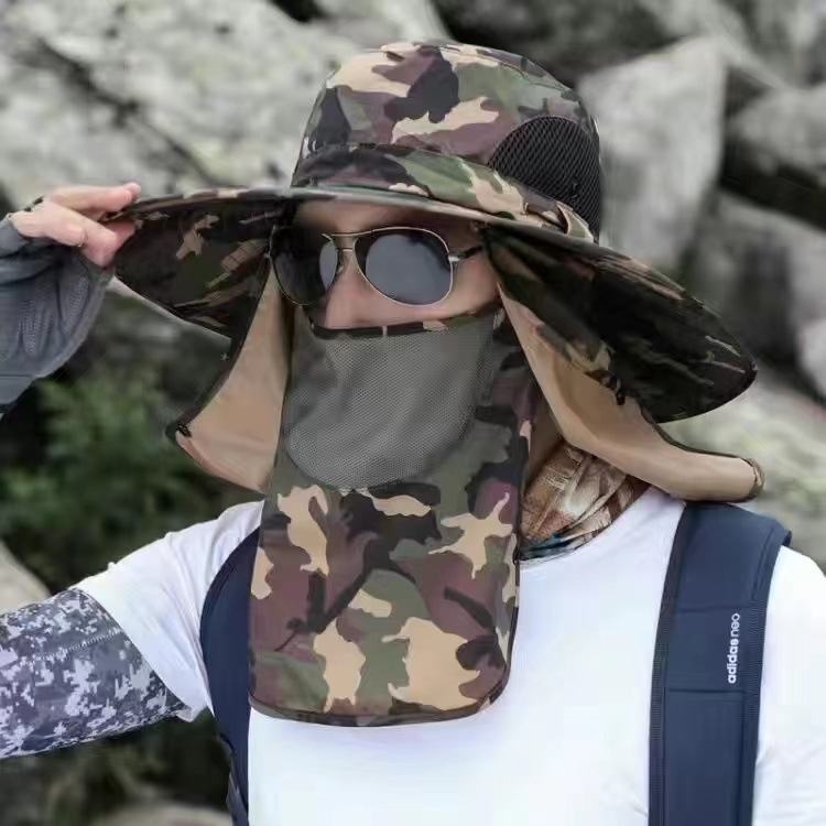 V888-ELOSUNG33484-202506250942-00 Dark Green Camouflage Outdoor Sun Protection Hat with Detachable Face and Neck Flap - UPF 50+ - Image 1