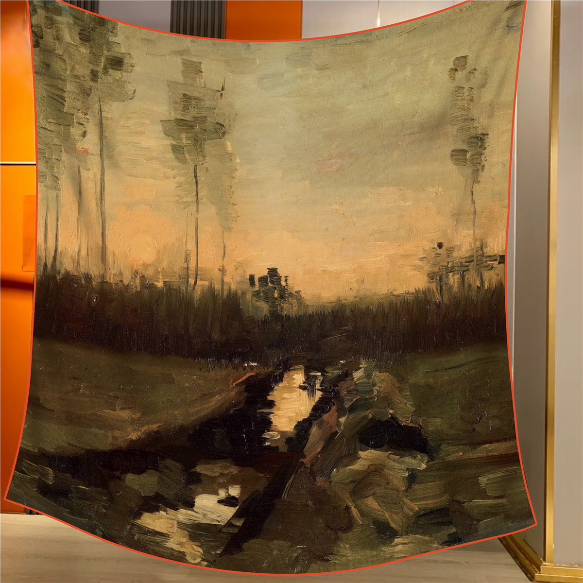 V888-ELOSUNG33499-202506250948-00 Landscape at Dusk Elegant Artistry Shawl - Large 130cm Square Scarf with Oil Painting Print & Hand-Rolled Hem - Image 1
