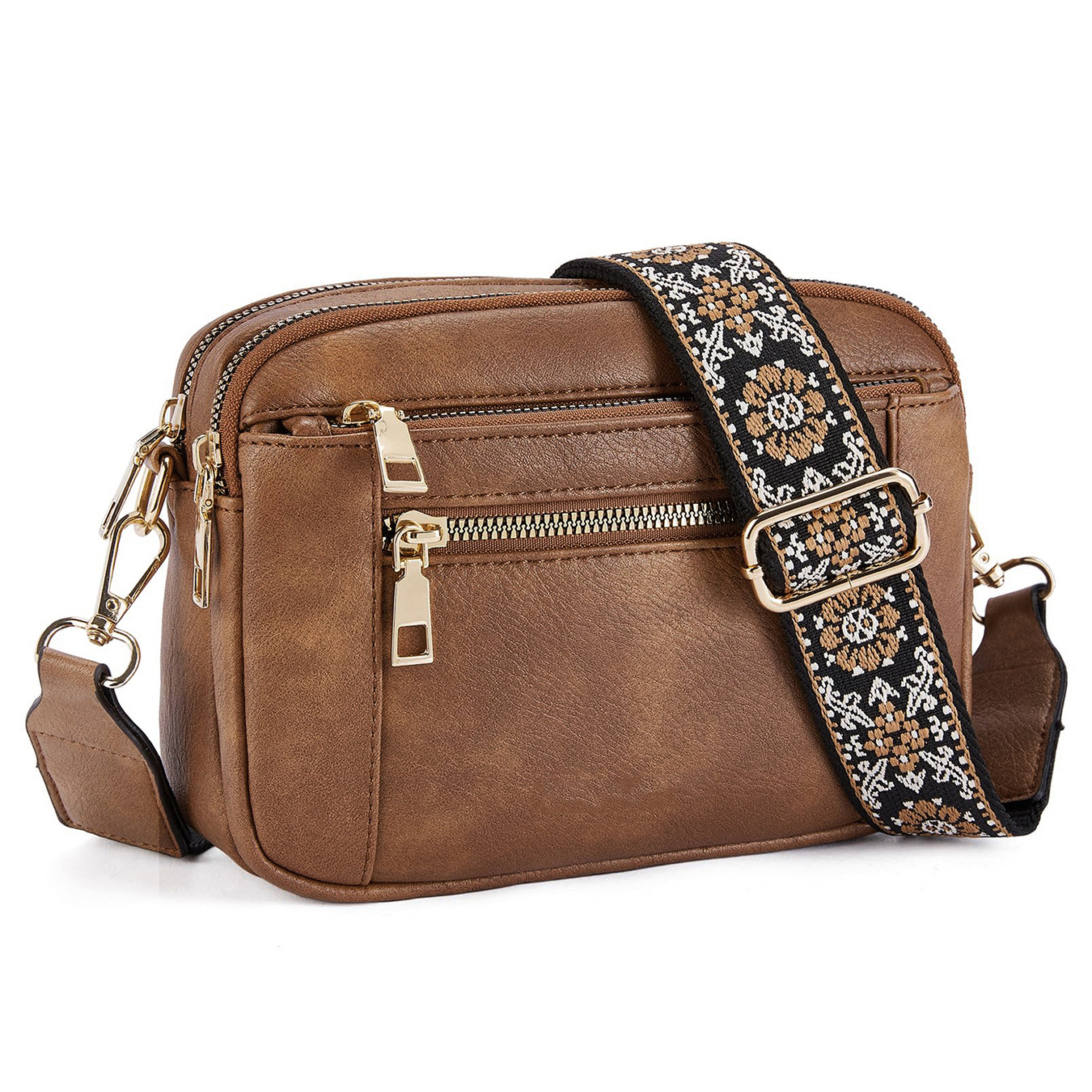 V888-ELOSUNG33512-202506251008-00 Double Zipper Brown Chic Quilted Crossbody Bag - Vintage PU Leather Shoulder Purse with Adjustable Strap - Image 1