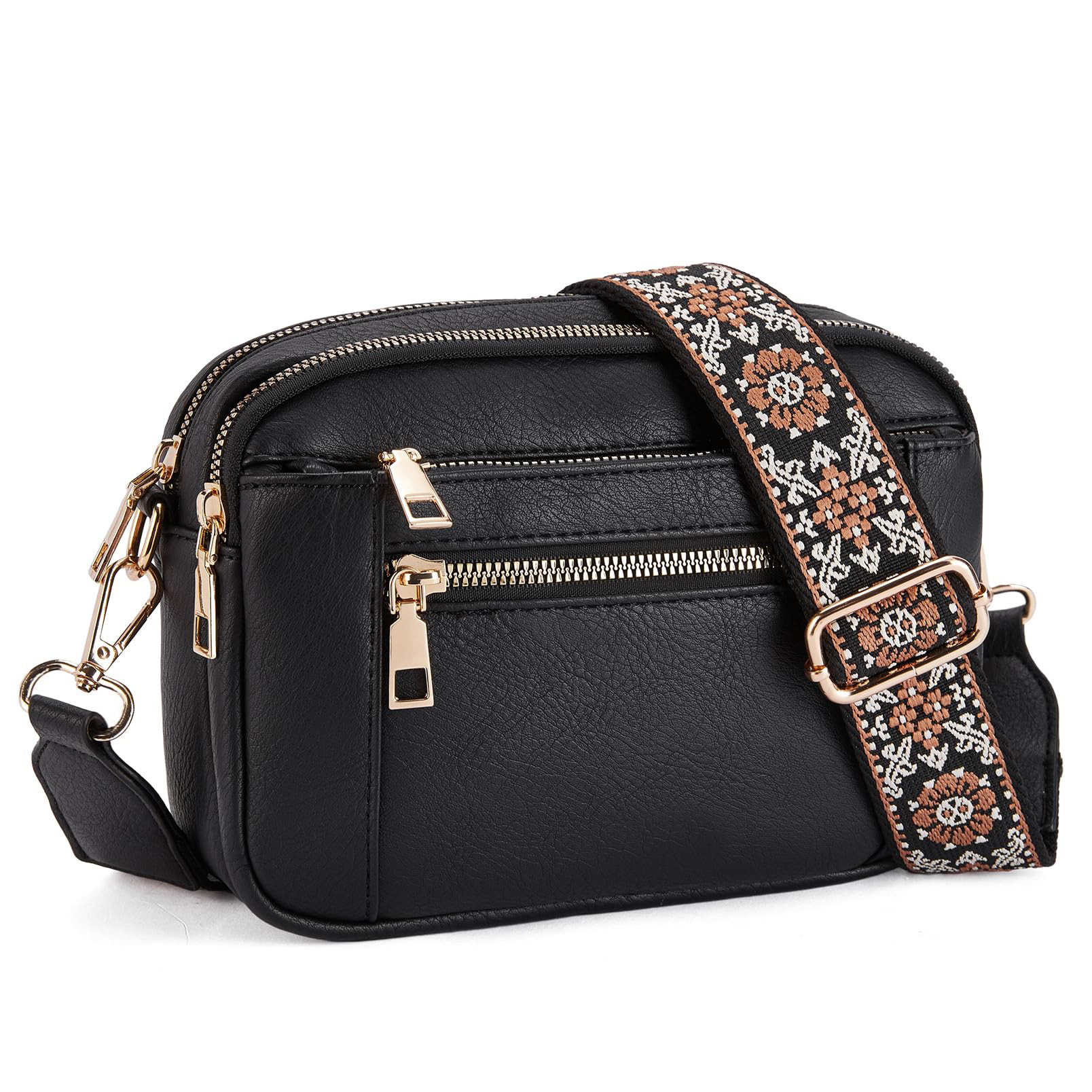 V888-ELOSUNG33514-202506251008-00 Double Zipper Black Chic Quilted Crossbody Bag - Vintage PU Leather Shoulder Purse with Adjustable Strap - Image 1