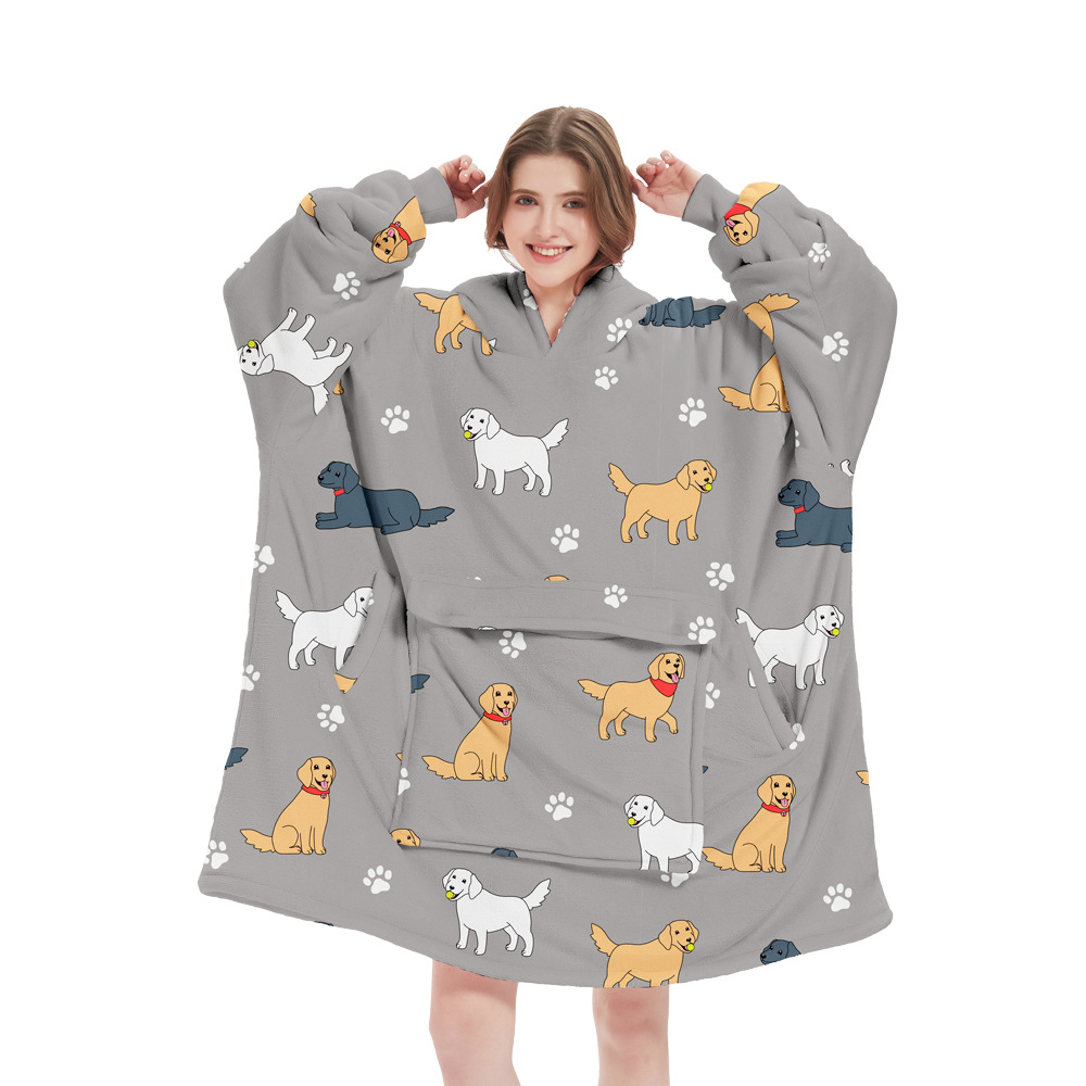 V888-ELOSUNG33552-202506301021-00 Grey Dog Pattern Oversized Wearable Blanket Hoodie - Ultra Soft & Cozy Snuggle Pullover for Adults - Image 1