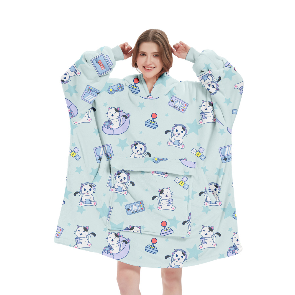 V888-ELOSUNG33554-202506301021-00 Blue Pattern Oversized Wearable Blanket Hoodie - Ultra Soft & Cozy Snuggle Pullover for Adults - Image 1
