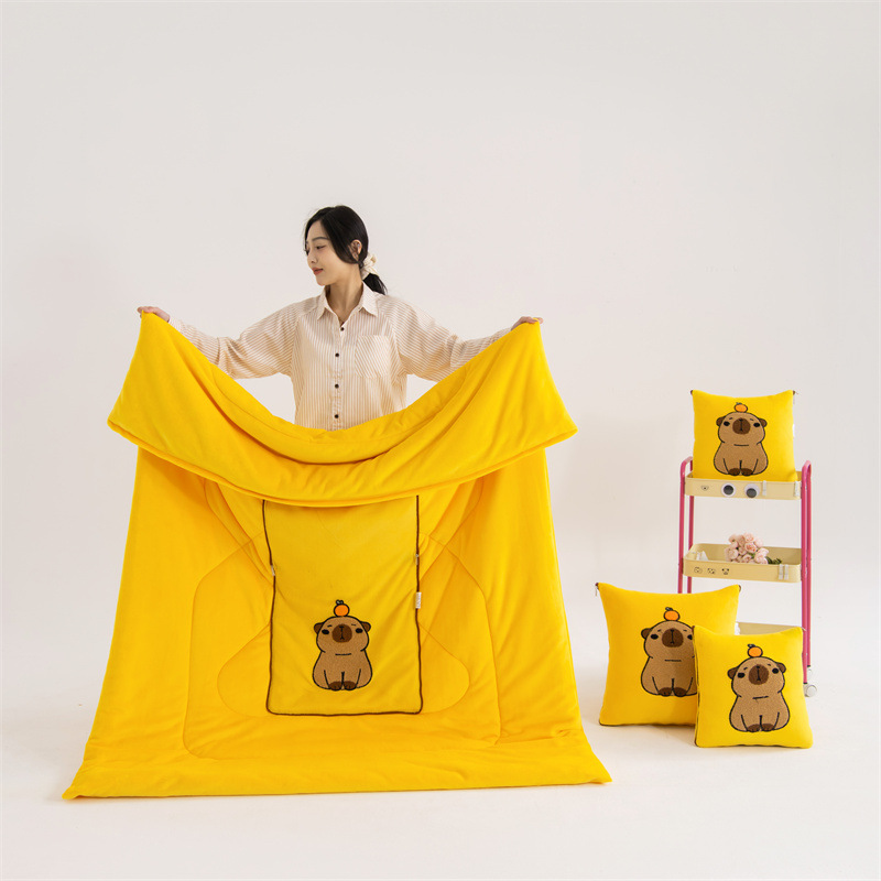 V888-ELOSUNG33568-202506301030-00 Yellow Kapybara - 2-in-1 Foldable Car Pillow Blanket - Cozy 40x40cm Pillow, Unfolds to 100x150cm Blanket for Travel and Office Naps - Image 1