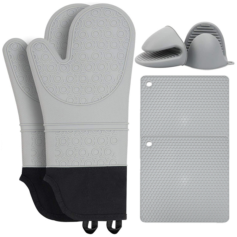 V888-ELOSUNG33574-202506301035-00 Grey Set BPA-Free Non-Slip Silicone Oven Mitts - Heat Resistant Gloves with Honeycomb Pattern for Kitchen Safety - Image 1