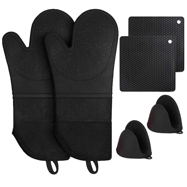 V888-ELOSUNG33575-202506301035-00 Black BPA-Free Non-Slip Silicone Oven Mitts - Heat Resistant Gloves with Honeycomb Pattern for Kitchen Safety - Image 1