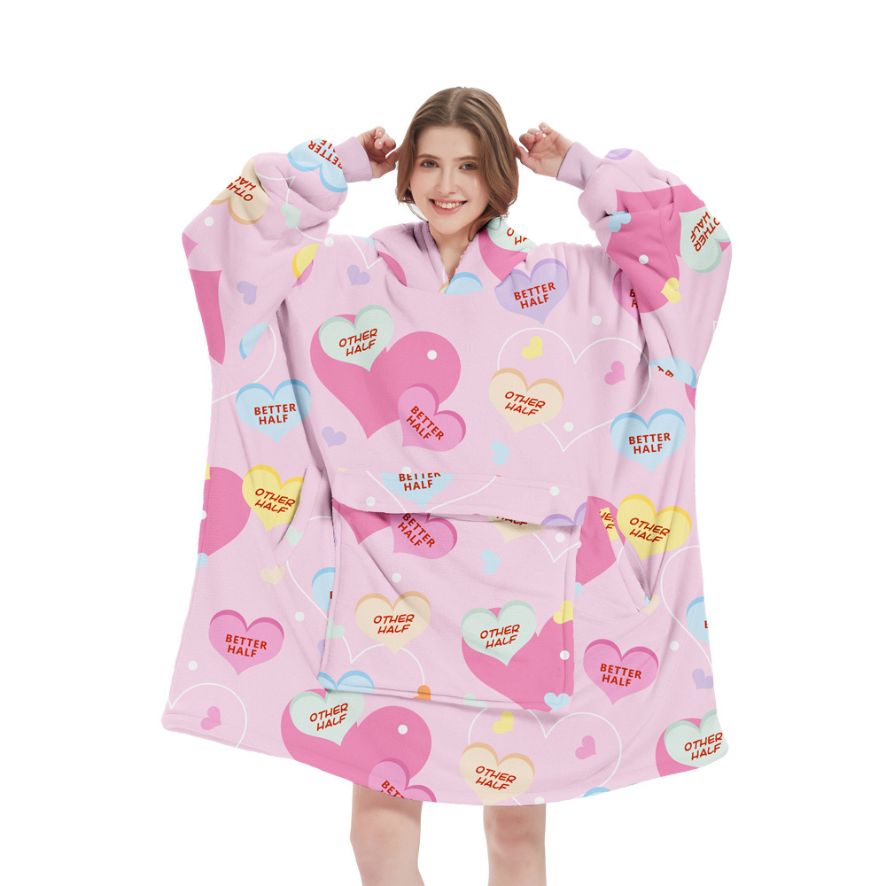 V888-ELOSUNG33646-202507020946-00 Pink Heart Oversized Wearable Blanket Hoodie - Ultra Soft & Cozy Snuggle Pullover for Adults - Image 1