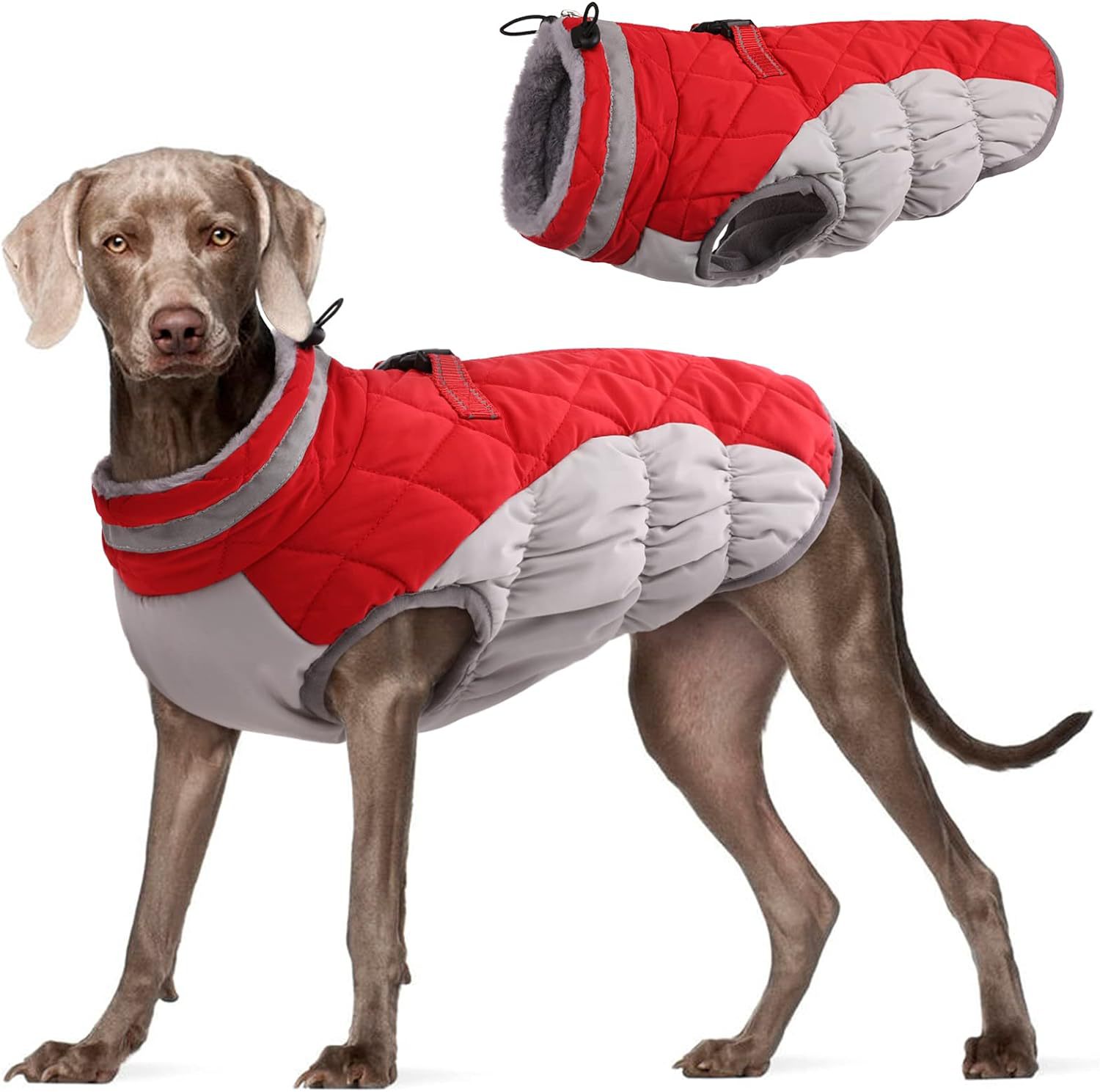 V888-ELOSUNG33654-202507021016-00 XS Red Grey Premium Winter Puffer Dog Coat - Windproof & Fleece-Lined Jacket for Cold Weather - Image 1