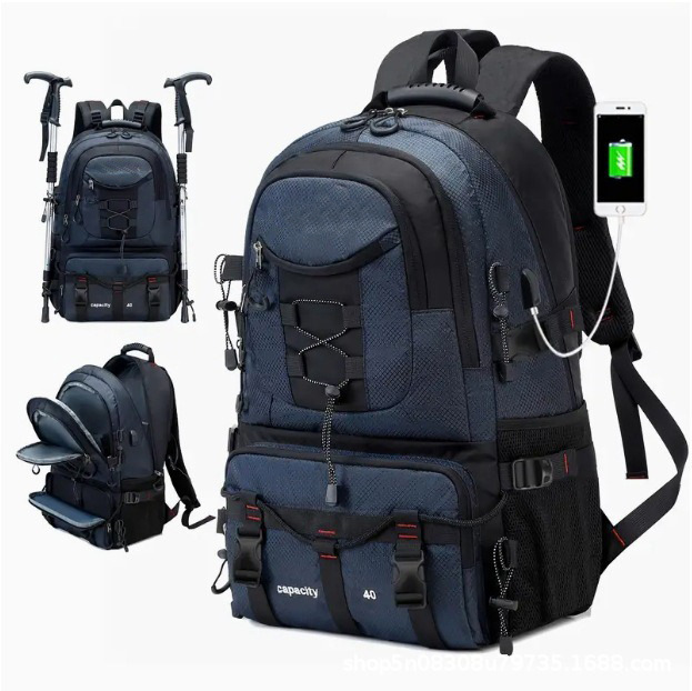 V888-ELOSUNG33673-202507021036-00 Blue 40L Large Capacity Travel Backpack - Water-Resistant Hiking Rucksack with USB Charging Port - Image 1