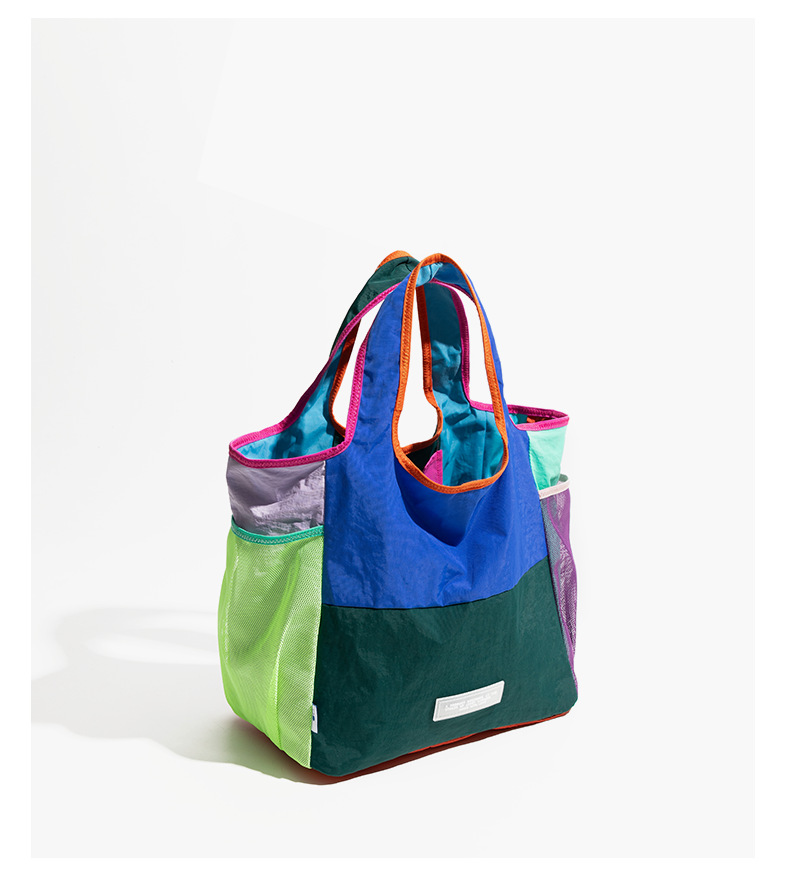 V888-ELOSUNG33724-202507180931-00 Green Vibrant Colorblock Foldable Tote Bag Lightweight Reusable Shopping Shoulder Bag - Image 1