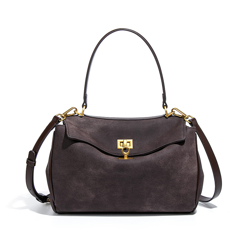V888-ELOSUNG33778-202508141916-00 Coffee Women's Vintage Suede Satchel Bag - Elegant Top Handle Purse with Gold Lock - Image 1