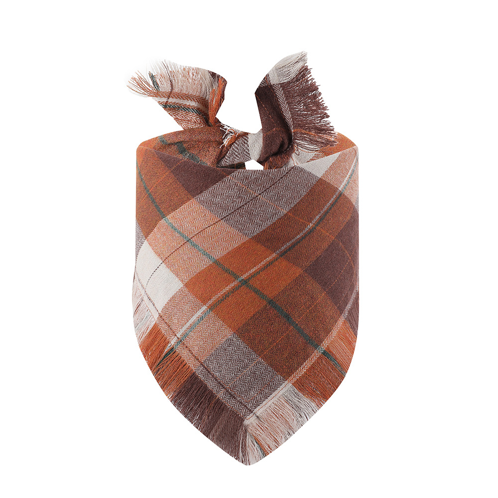 V888-ELOSUNG33897-202509101605-00 Brown S 55x38x38cm Thanksgiving Plaid Dog Bandana 2-Pack - Festive Tassel Triangle Scarf for Pets - Image 1