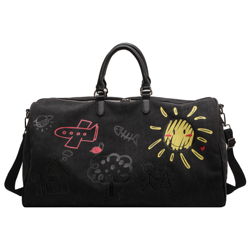 V888-ELOSUNG33969-202509221021-00 Black Large Capacity Graffiti Travel Duffel Bag - Canvas Weekender with Wet/Dry Pocket & Shoe Compartment - Image 1