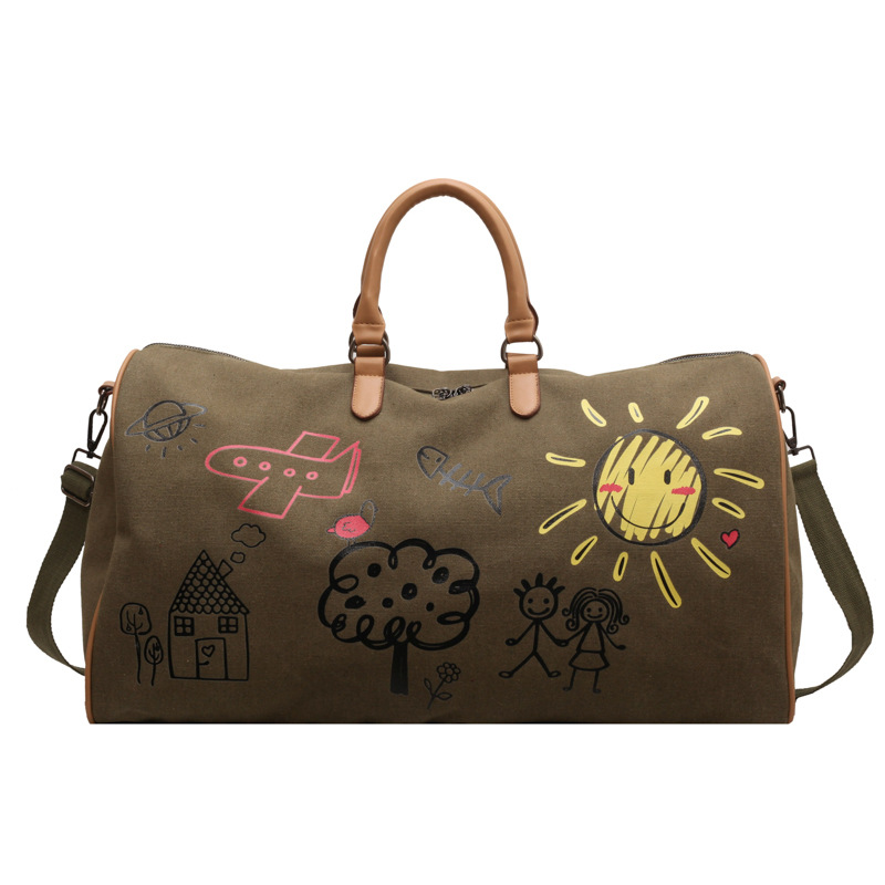 V888-ELOSUNG33970-202509221021-00 Green-coffee Large Capacity Graffiti Travel Duffel Bag - Canvas Weekender with Wet/Dry Pocket & Shoe Compartment - Image 1