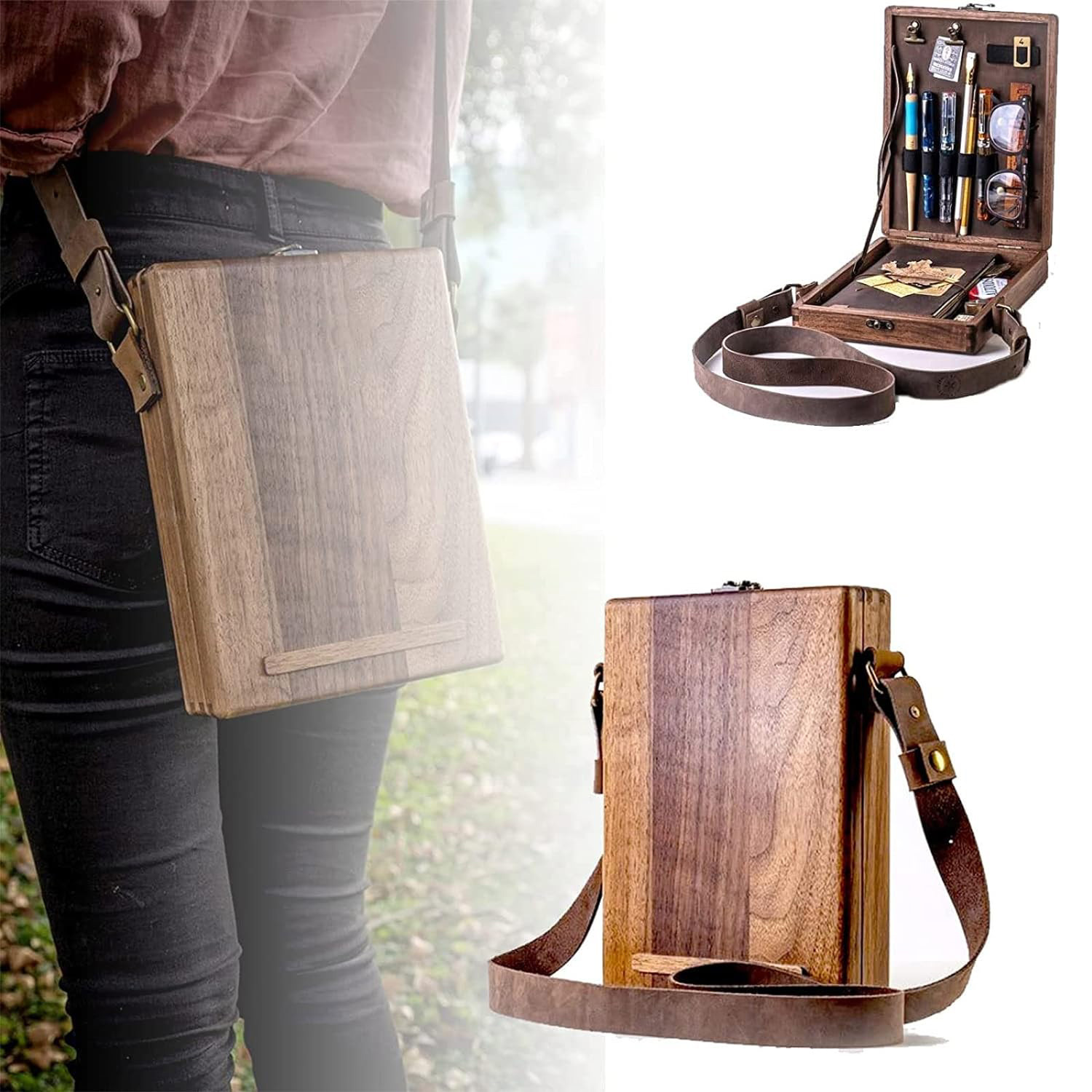 V888-ELOSUNG33980-202509240940-00 Vintage Writer's Wooden Messenger Box - Artisan Crossbody Satchel for Artists and Creatives - Image 1