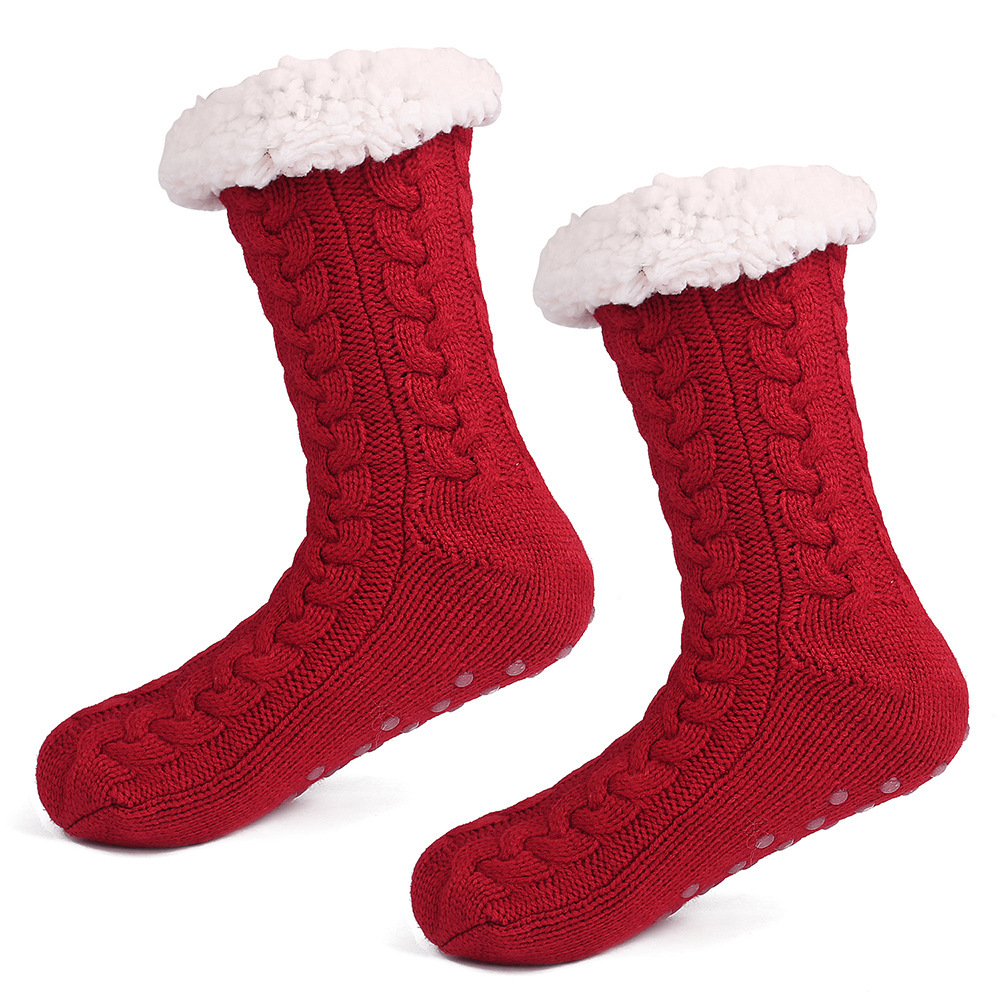 V888-ELOSUNG34169-202506191026-00 Red Women's Fuzzy Slipper Socks - Warm Fleece Lined Thermal Cable Knit Socks with Non-Slip Grips - Image 1