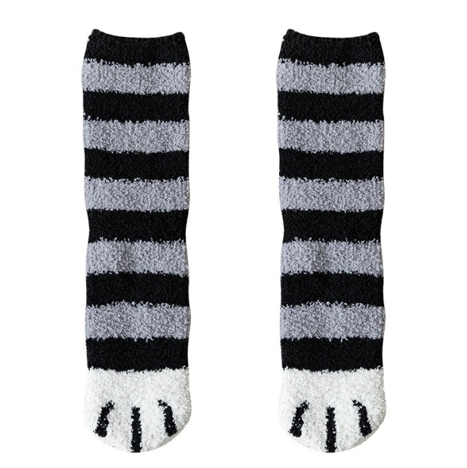 V888-ELOSUNG34180-202506191031-00 3-piece Black Cute Cat Paw Fuzzy Socks for Women - Plush Thermal Slipper Socks for Home & Lounging - Image 1