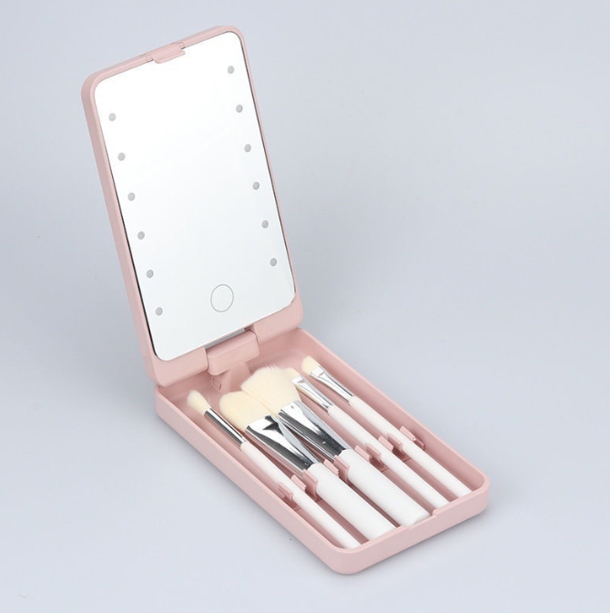V888-ELOSUNG34286-202506301045-00 2-Piece Pink Portable LED Makeup Mirror with Brush - Foldable, Rotatable, and Rechargeable Travel Vanity Mirror - Image 1