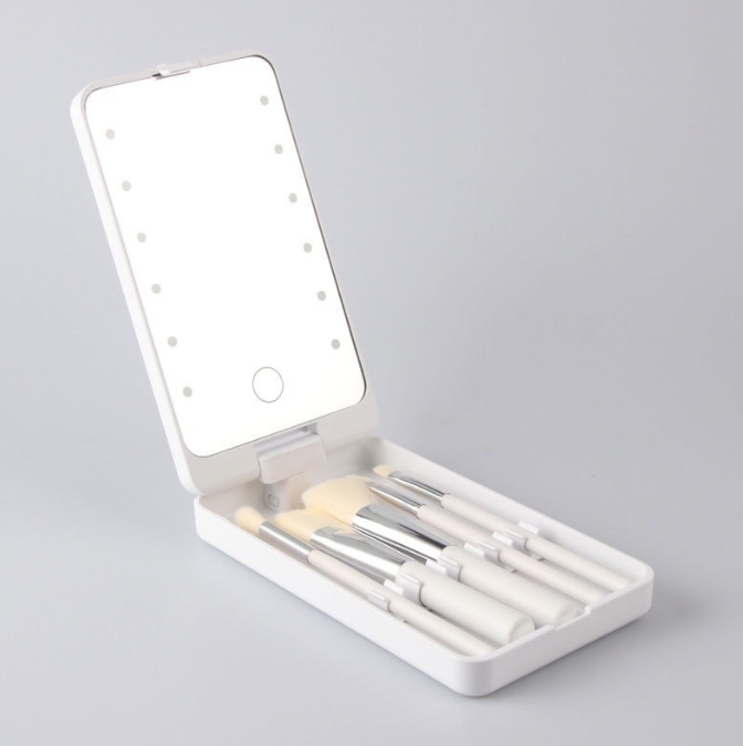 2-Piece White Portable LED Makeup Mirror with Brush - Foldable, Rotatable, and Rechargeable Travel Vanity Mirror