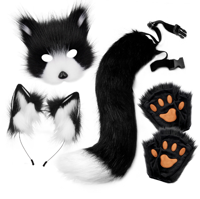 V888-ELOSUNG34295-202506301021-00 Black and white Halloween Furry Fox Costume Set - Plush Mask, Ears Headband, Tail, and Paws for Cosplay - Image 1