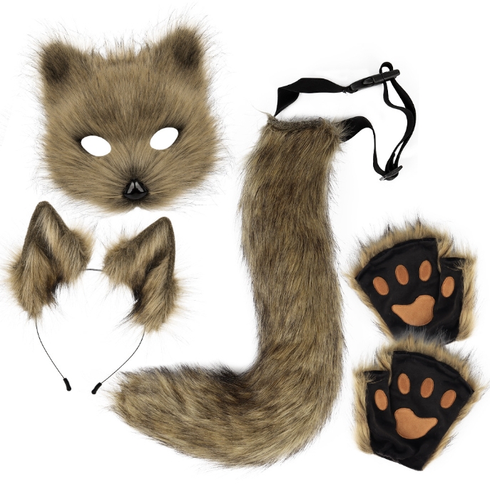 V888-ELOSUNG34298-202506301025-00 Grass yellow Halloween Furry Fox Costume Set - Plush Mask, Ears Headband, Tail, and Paws for Cosplay - Image 1