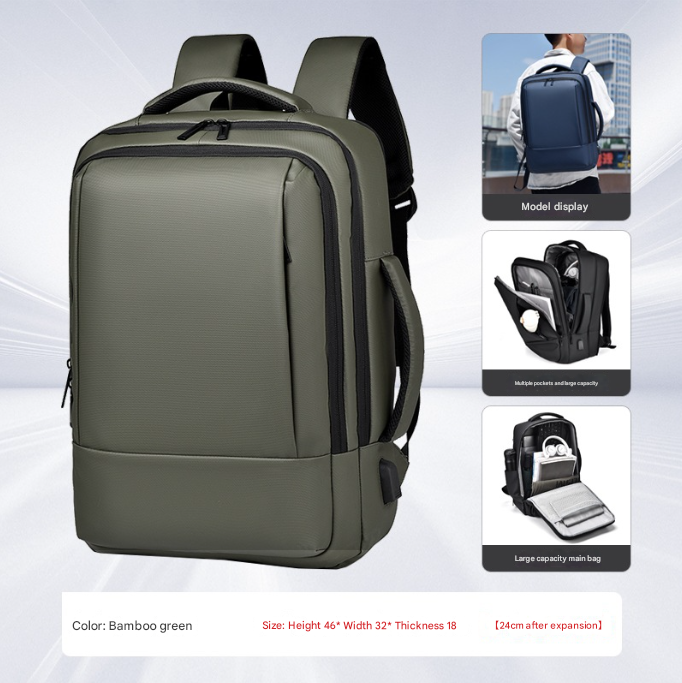 V888-ELOSUNG34337-202507021031-00 Green Expandable Business Laptop Backpack with USB Charging Port - Large Capacity Work & Travel Bag for 15.6 Inch Laptops - Image 1