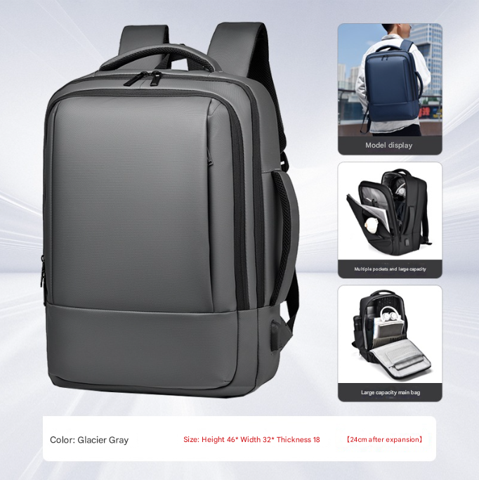 V888-ELOSUNG34339-202507021031-00 Grey Expandable Business Laptop Backpack with USB Charging Port - Large Capacity Work & Travel Bag for 15.6 Inch Laptops - Image 1