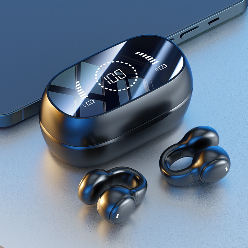 Black Open-Ear Ear-Clip Wireless Earbuds, Bluetooth 5.3 Headphones with LED Digital Display, Hi-Fi Stereo Sound & HD Mic for Sports and Calls