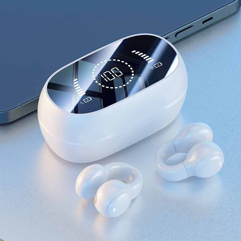 White Open-Ear Ear-Clip Wireless Earbuds, Bluetooth 5.3 Headphones with LED Digital Display, Hi-Fi Stereo Sound & HD Mic for Sports and Calls