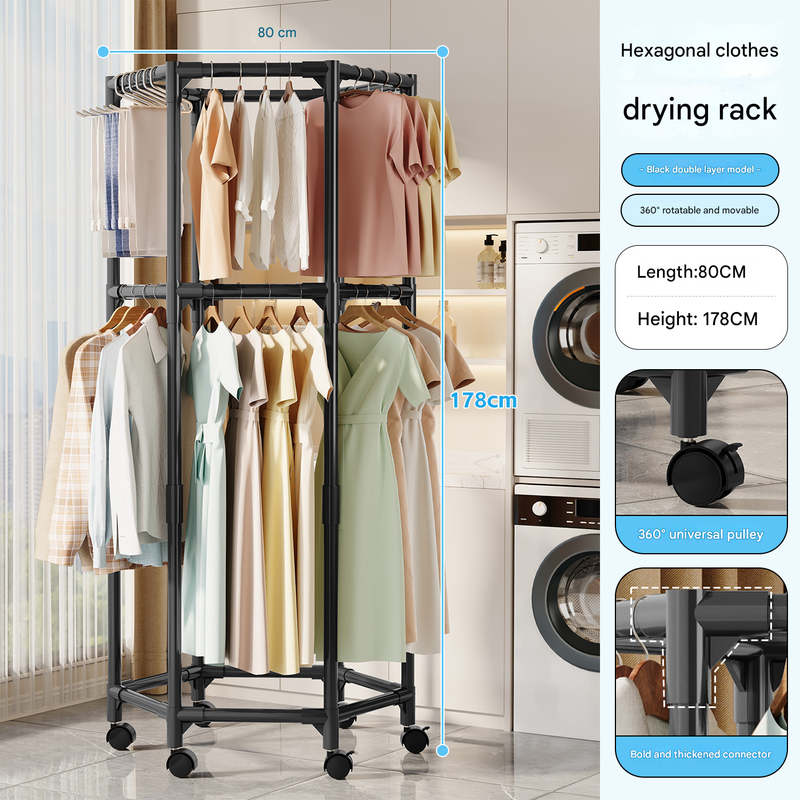 V888-ELOSUNG34607-202508071510-00 Black double layer 360° Rotating Portable Garment Rack - Heavy Duty Rolling Clothes Stand with Wheels for Bedroom & Laundry - Image 1