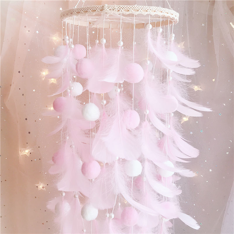 V888-ELOSUNG34633-202509231335-00 Pink Boho Pom Pom Feather Dreamcatcher - Whimsical Hanging Mobile for Girls Bedroom & Nursery Decor - Image 1