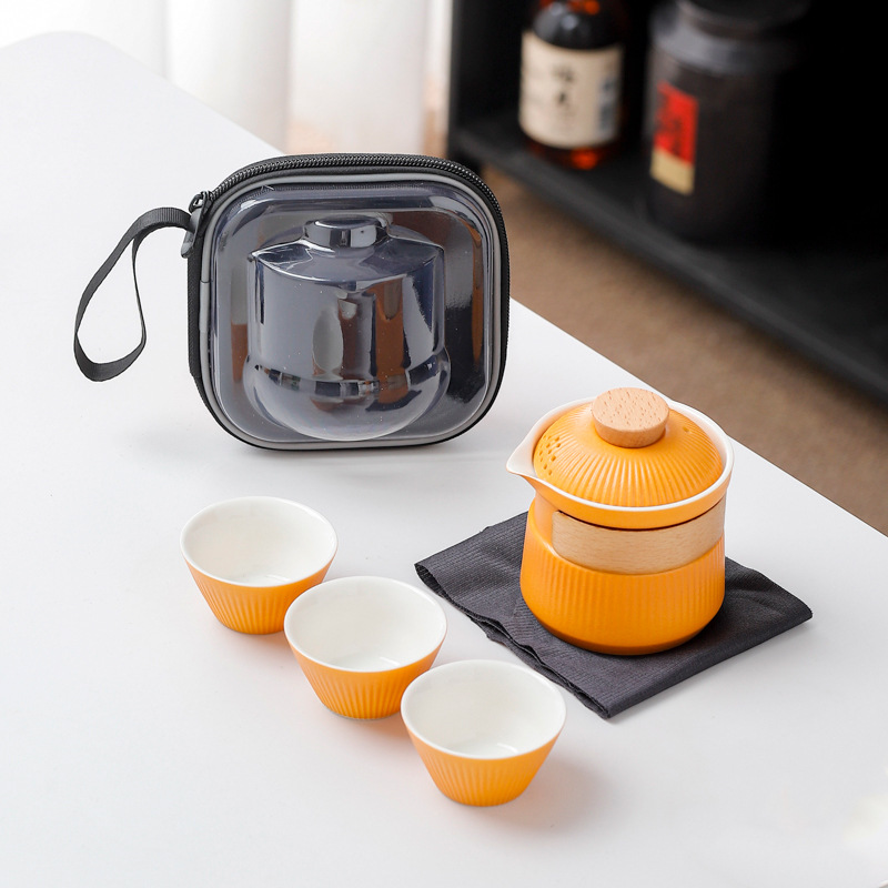 V888-ELOSUNG35039-202506191253-00 Portable Ceramic Travel Tea Set - One Pot Three Cups with Carrying Case, Elegant Frosted Finish(yellow) - Image 1