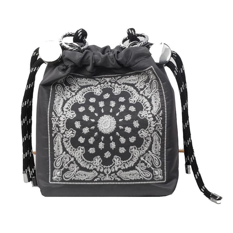 V888-ELOSUNG35119-202506241012-00 Chic Drawstring Bucket Bag with Intricate Print - Adjustable Rope Strap, Lightweight Fabric(Gray) - Image 1