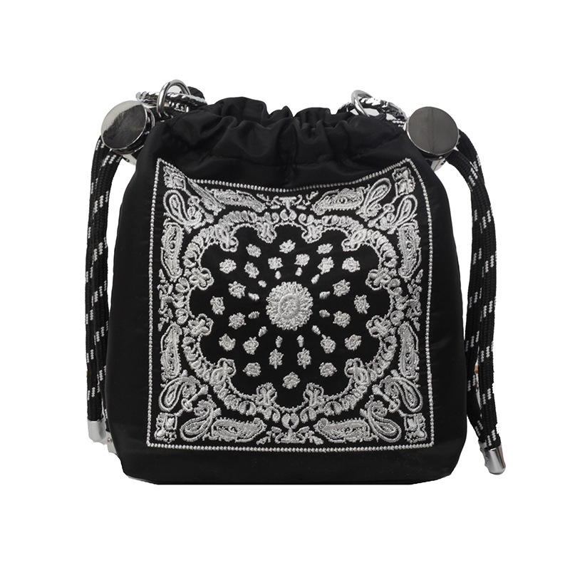 V888-ELOSUNG35120-202506241013-00 Chic Drawstring Bucket Bag with Intricate Print - Adjustable Rope Strap, Lightweight Fabric(Black) - Image 1