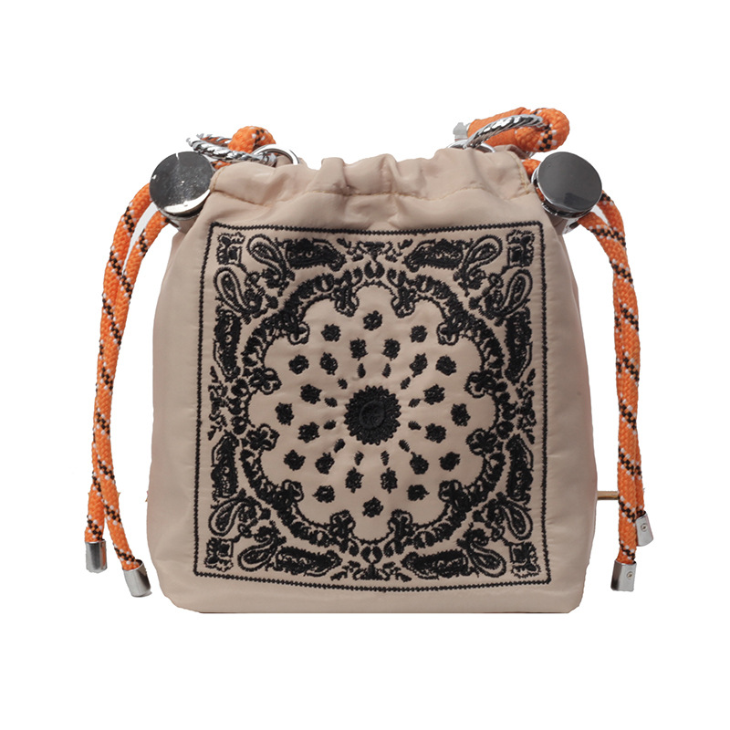 V888-ELOSUNG35121-202506241013-00 Chic Drawstring Bucket Bag with Intricate Print - Adjustable Rope Strap, Lightweight Fabric(Khaki) - Image 1