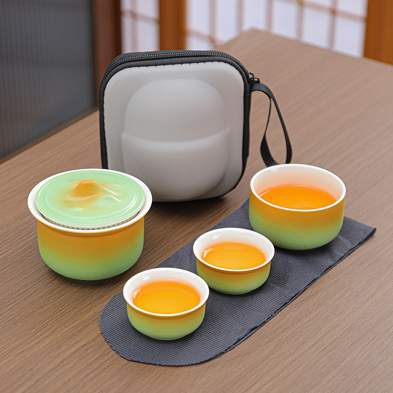 V888-ELOSUNG35177-202506241043-00 Portable Ceramic Tea Set for Travel - Quick Gaiwan with 3 Cups & Carrying Case(Yellow-green gradient) - Image 1