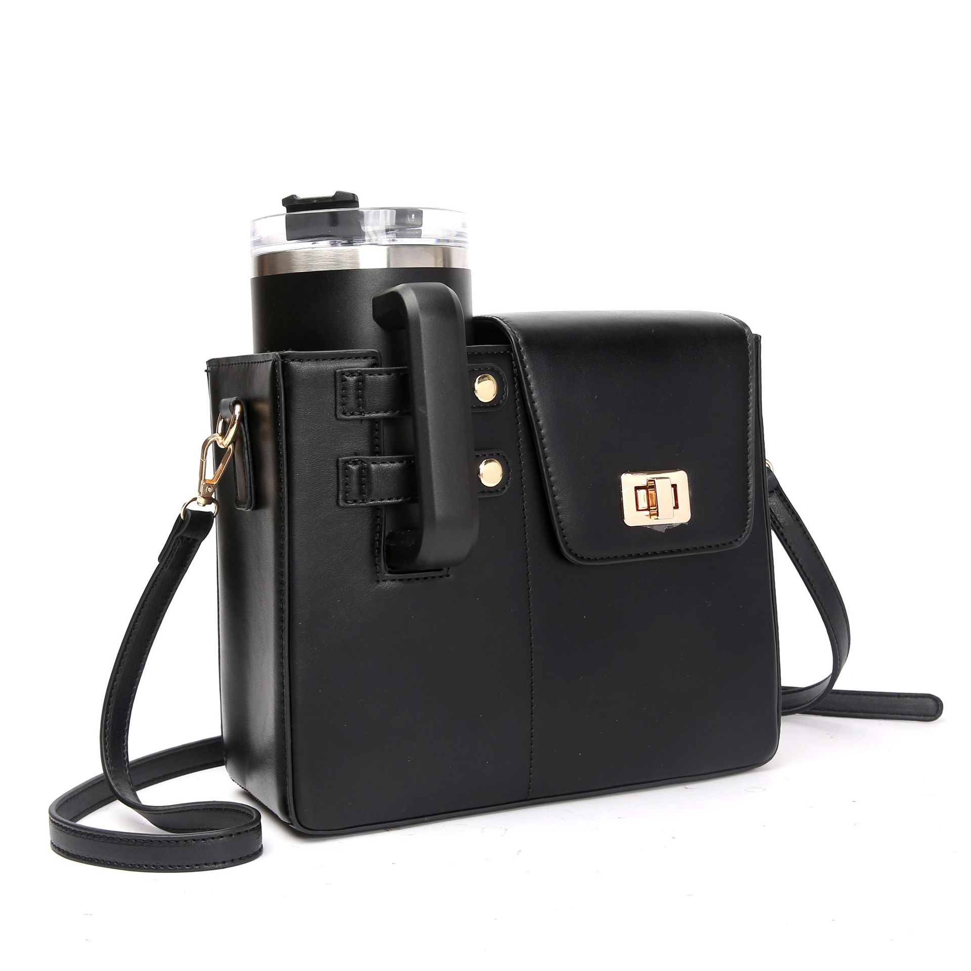 V888-ELOSUNG35187-202506241048-00 Chic PU Leather Crossbody Bag with Tumbler Holder - Multi-Compartment, Adjustable Strap,Does not include thermos cup(black) - Image 1