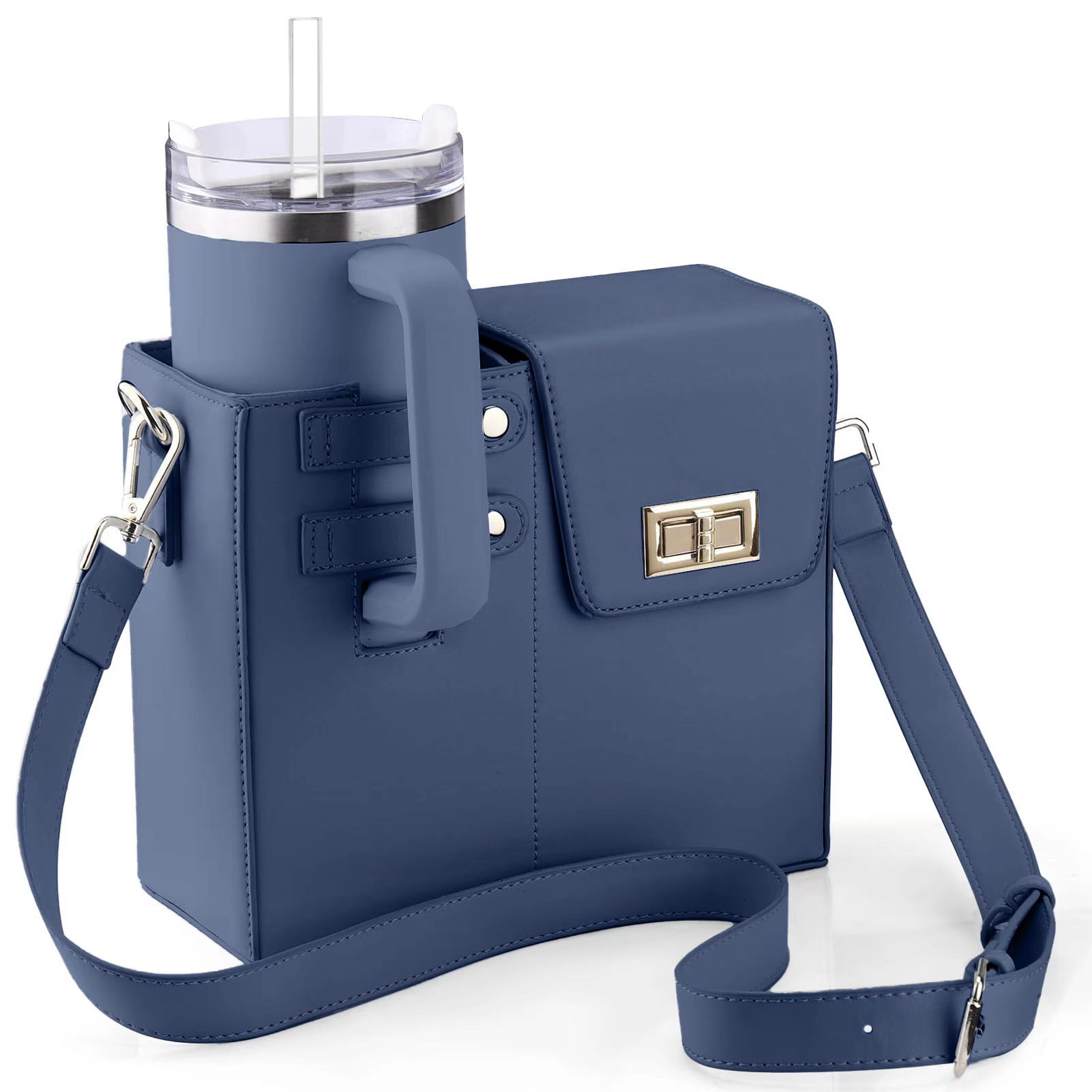 V888-ELOSUNG35189-202506241049-00 Chic PU Leather Crossbody Bag with Tumbler Holder - Multi-Compartment, Adjustable StrapChic PU Leather Crossbody Bag with Tumbler Holder - Multi-Compartment, Adjustable Strap,Does not include thermos cup(blue) - Image 1