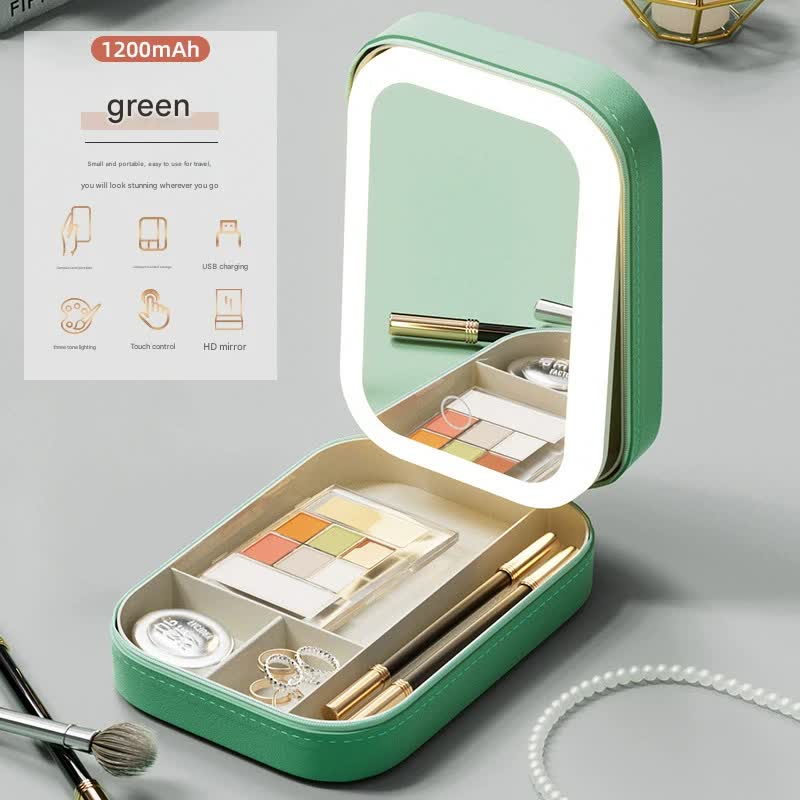 V888-ELOSUNG35193-202506241048-00 Portable Jewelry & Makeup Organizer Box with LED Touch Mirror - Rechargeable, Adjustable Lighting(green) - Image 1