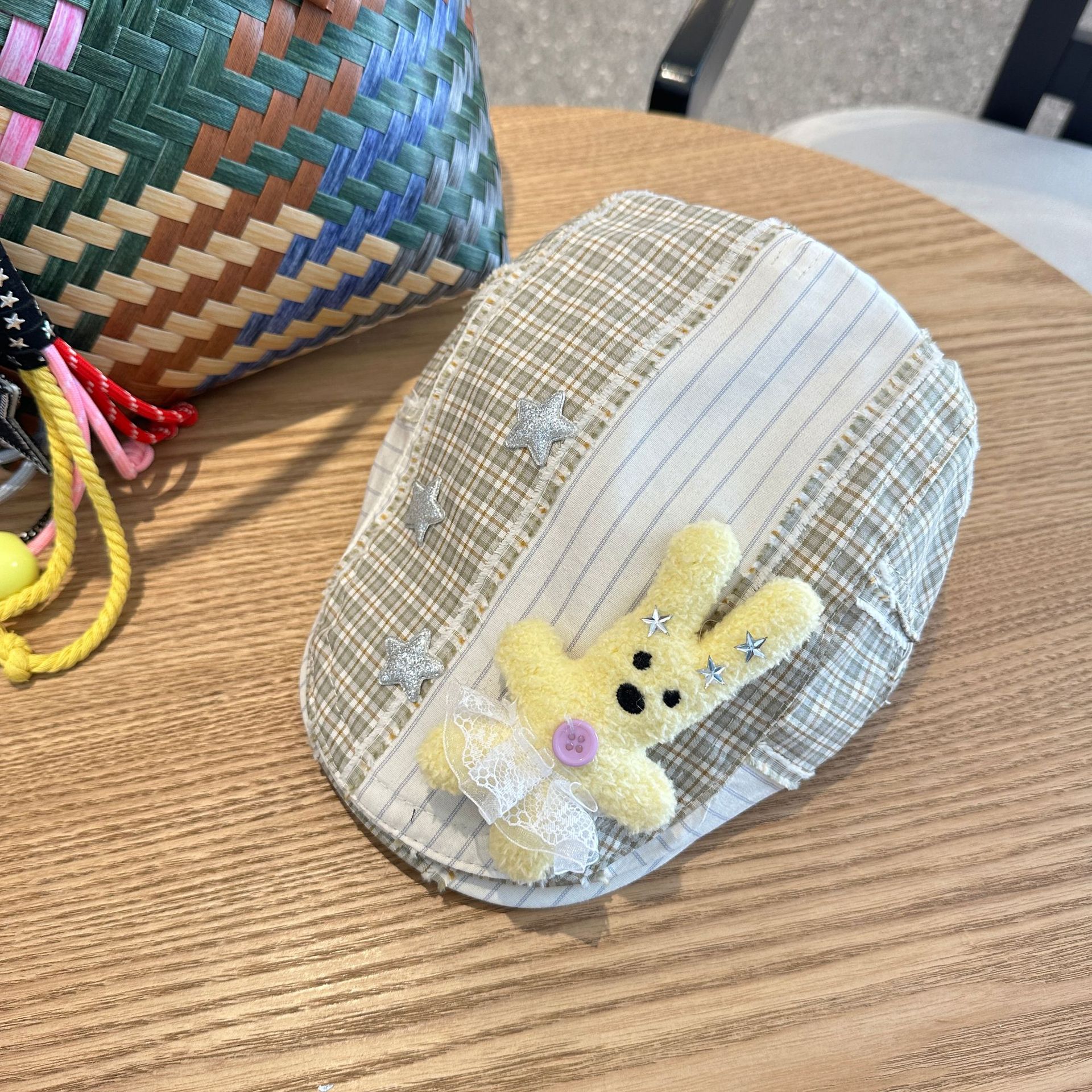 V888-ELOSUNG35328-202506250952-00 Patchwork Plaid Cotton Cap with Decorative Details(yellow) - Image 1