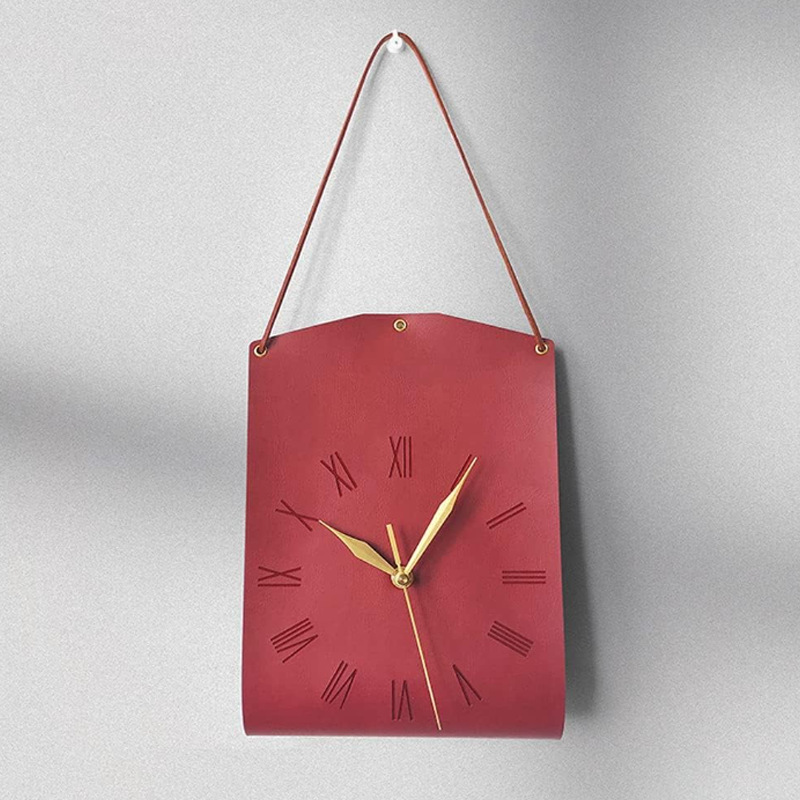 V888-ELOSUNG35401-202506301016-00 Retro PU Leather Hanging Wall Clock - Silent Sweep Movement, Roman Numerals, Decorative Handbag Style(Red) - Image 1