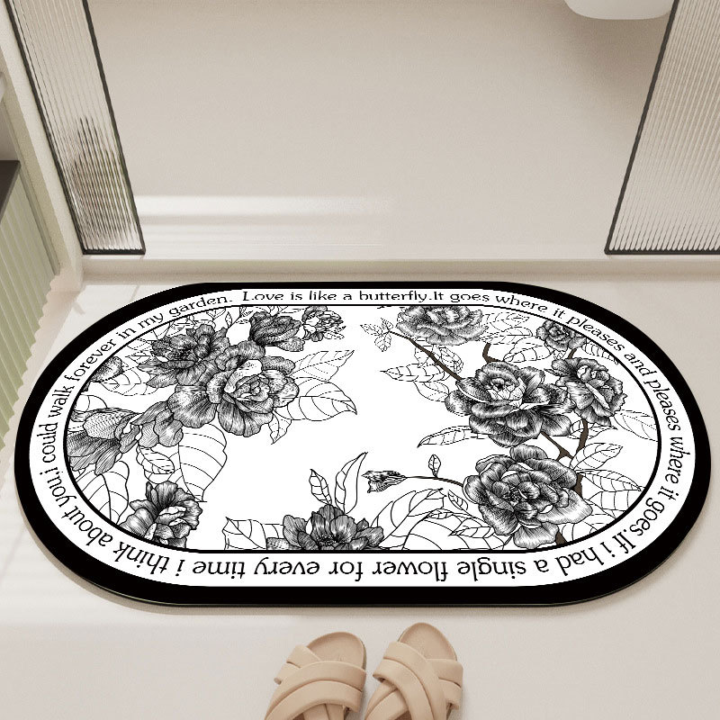 V888-ELOSUNG35413-202506301025-00 Elegant Floral Print Absorbent Floor Mat - Quick Dry, Non-Slip, Easy Clean Bathroom & Entryway Rug(Black and White) - Image 1
