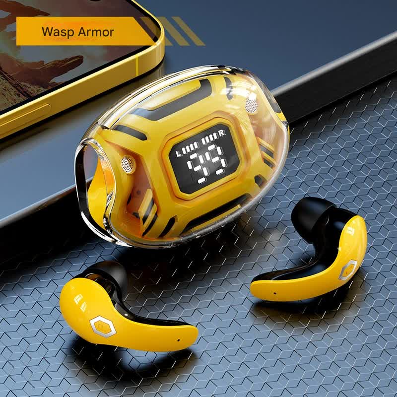 V888-ELOSUNG35467-202506301125-00 Mecha Style TWS Gaming Earbuds - Bluetooth 5.3, Low Latency, Ear-Hook Design, LED Display Case, Noise Cancelling(yellow) - Image 1