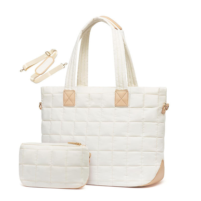 V888-ELOSUNG35503-202507021021-00 Lightweight Quilted Tote Bag for Women - Fits 15.6 Laptop Water-Resistant with Clutch & Luggage Strap(White)" - Image 1