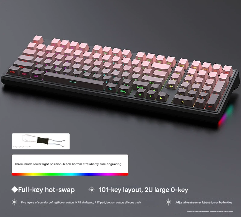 V888-ELOSUNG35509-202507021025-00 Tri-Mode RGB Mechanical Gaming Keyboard - 102-Key, Hot-Swappable, 4000mAh Battery, 5-Layer Sound Dampening(Strawberry on black) - Image 1
